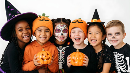 Six smiling children in Halloween costumes holding jack-o-lanterns ready for trick-or-treating